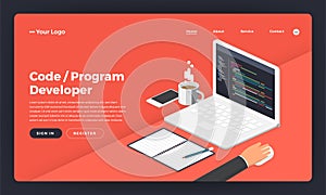 Mock-up design website flat design concept coding and programming developer. Vector illustration.