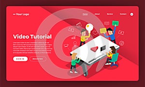Mock-up design website flat design concept video tutorial. Vect
