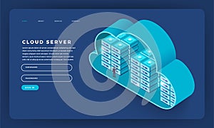 Mock-up design website flat design concept cloud computing technology users network configuration isometric. Vector illustration.