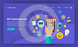 Mock-up design website flat design concept digital marketing. M-commerce mobile shopping. Vector illustration.