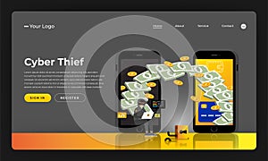 Mock-up design website flat design concept hacker activity cybercrime and cyber thief. Vector illustration.