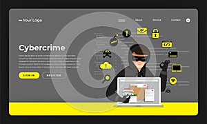 Mock-up design website flat design concept hacker activity cybercrime and cyber thief. Vector illustration.