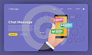 Mock-up design website flat design concept hands hold mobile chat message buble. Vector illustration.