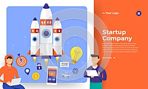 Mock-up design website flat design concept stratup rocket rise f