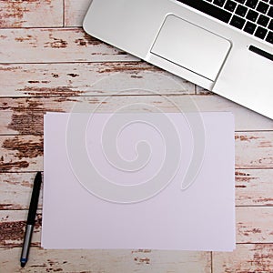 Mock up. Designer tools on work table wooden background top view