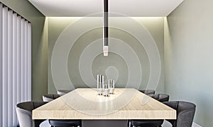 Mock up dining table in light oak and olive green wall background, modern interior, dining room, close-up, Scandinavian style