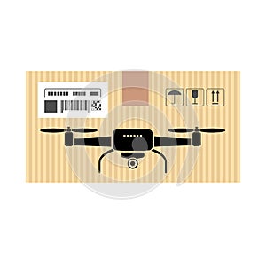 Mock up of drone or quadrocopter in carton box. Moving and delivery services. Vector illustration