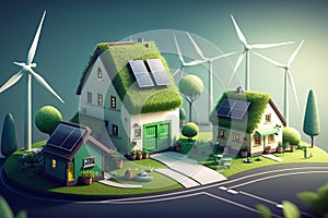 Mock up of eco friendly neighborhood with windmills and solar panels.