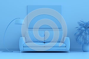 Mock up empty or blank poster frame on a blue wall background with sofa, floor lamp and decorative plants. 3D Rendering blue