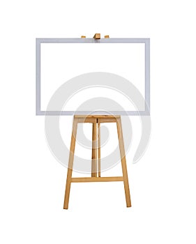 Mock up empty blank white canvas board with realistic wooden easel stand isolated on white background with clipping path.