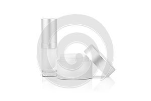 Mock-up empty container cream pump bottles with lid and a cream jar for skin care is uncover isolated on white background.