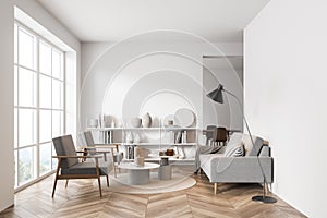 Mock up empty copy space wall. Modern living room interior. Wood oak floor and stylish furniture. Concept of contemporary design