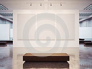 Mock up of empty gallery interior with brown bench