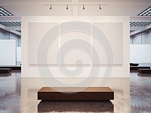 Mock up of empty gallery interior with brown bench photo