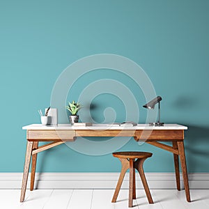 Mock up empty green wall in modern interior background with wooden office,