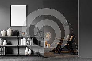 Mock up empty poster on the wall. Modern living room interior. Stone floor and stylish furniture. Concept of contemporary design