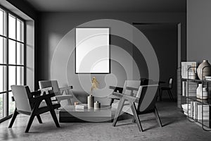 Mock up empty poster on the wall. Modern living room interior. Stone floor and stylish furniture. Concept of contemporary design