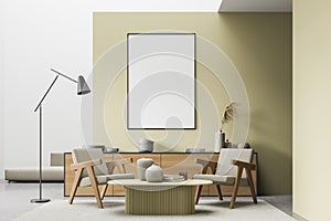 Mock up empty posters on the wall. Modern living room interior. Stone floor and stylish furniture. Concept of contemporary design