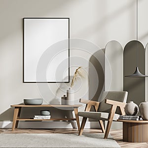 Mock up empty posters on the wall. Modern living room interior. Wooden floor and stylish furniture. Concept of contemporary design
