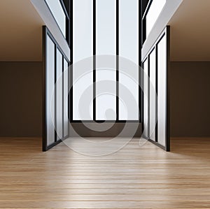 Mock up empty room simple hall large glass window with a small relaxation corner, dark tones, modern style.3d rendering