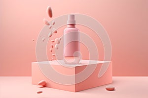 Mock up empty serum bottle with splashes of liquid, against pink modern minimal background., with copy space.