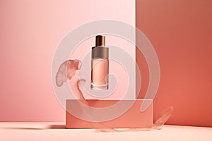 Mock up empty serum bottle with splashes of liquid, against pink modern minimal background., with copy space. Generative AI,