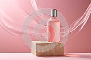 Mock up empty serum bottle with splashes of liquid, against pink modern minimal background., with copy space. Generative AI,