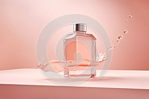 Mock up empty serum bottle with splashes of liquid, against pink modern minimal background., with copy space. Generative AI,