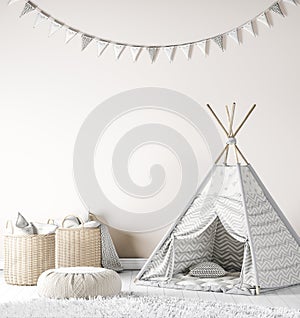 Mock Up empty Wall In farmhouse Interior Background in baby room , nursery mockup, Scandinavian Style, 3D render, 3D illustration