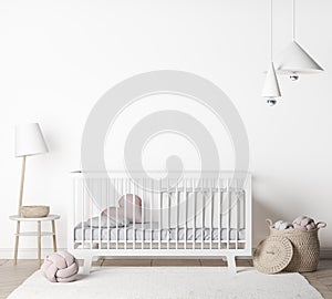 Mock Up empty Wall In farmhouse nursery mockup Interior Background , White baby room, Scandinavian Style, photo