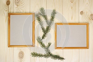 Mock up empty wood frames and fir twigs on azure pine wood wall background, show text or product. Christmas theme