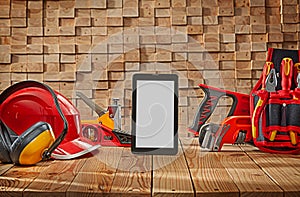 Mock Up Emty Screen Of Smartphone And Construction Tools Set On Bacground Wooden Pile