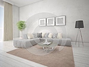 Mock up a fashionable living room with a gray corner sofa.