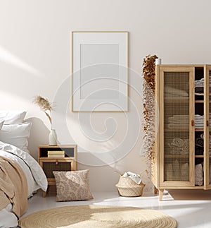 Mock up frame in bedroom interior, beige room with natural wooden furniture, Scandinavian style