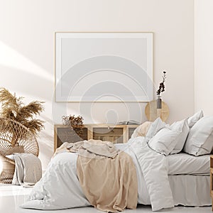 Mock up frame in bedroom interior, beige room with natural wooden furniture, Scandinavian style photo