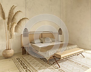 Mock up frame in bedroom interior design. Beige room with natural wooden furniture. Scandinavian style. 3d render