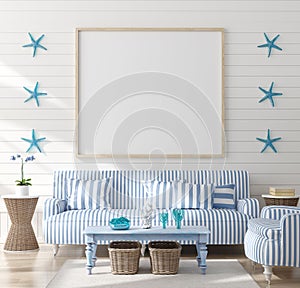 Mock up frame in bedroom interior, marine room with sea decor and furniture, Coastal style