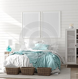 Mock up frame in bedroom interior, marine room with sea decor and furniture, Coastal style