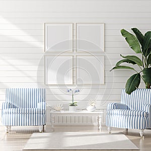 Mock up frame in bedroom interior, marine room with sea decor and furniture, Coastal style