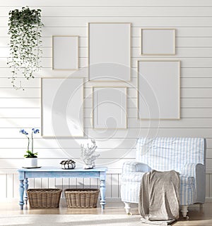 Mock up frame in bedroom interior, marine room with sea decor and furniture, Coastal style