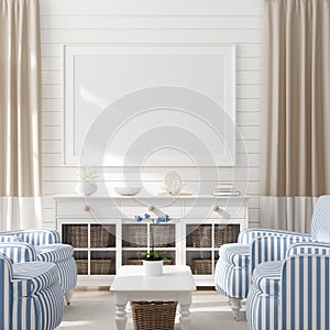 Mock up frame in bedroom interior, marine room with sea decor and furniture, Coastal style