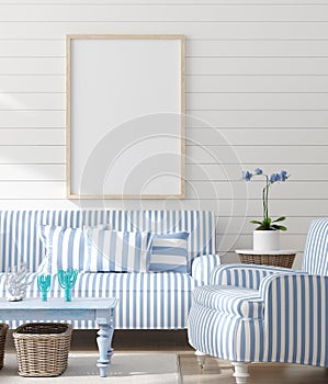 Mock up frame in bedroom interior, marine room with sea decor and furniture, Coastal style