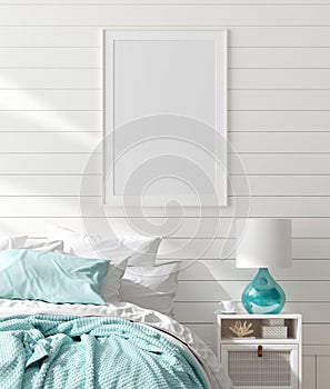 Mock up frame in bedroom interior, marine room with sea decor and furniture, Coastal style