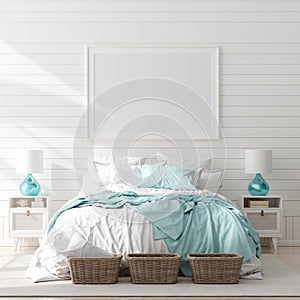 Mock up frame in bedroom interior, marine room with sea decor and furniture, Coastal style photo