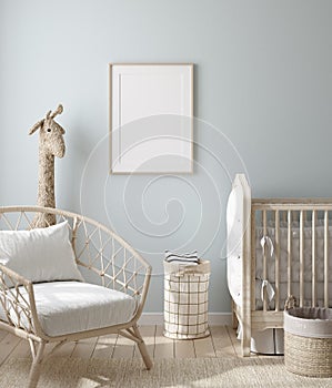 Mock up frame in boy nursery with natural wooden furniture