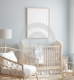 Mock up frame in boy nursery with natural wooden furniture