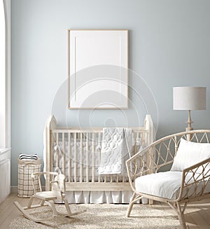 Mock up frame in boy nursery with natural wooden furniture