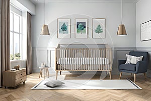 Mock Up Frame In A Boy\'S Nursery With Furnishings Made Of Natural Wood. Generative AI