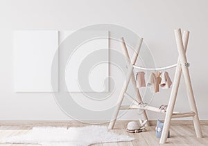 Mock up frame in bright child room with Natural wooden furniture for kids room in Scandinavian interior style