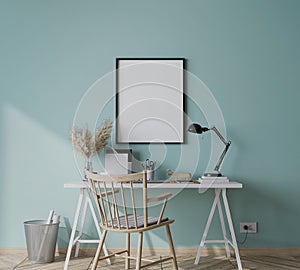 Mock up frame in bright farmhouse interior background, white wooden office on blue wall
